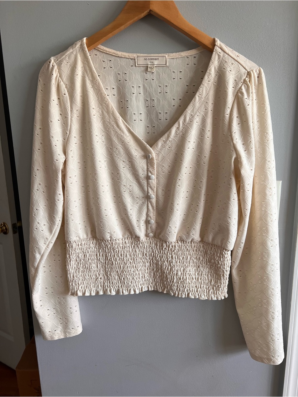 No Comment Cream Eyelet V-Neck Smocked Crop Top